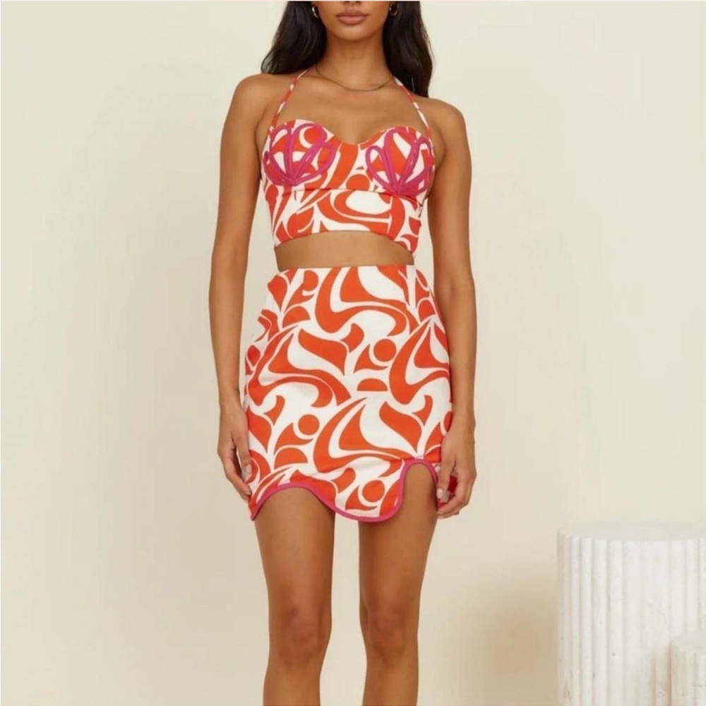 Pink and Orange Printed Crop Top & Mini Skirt Set